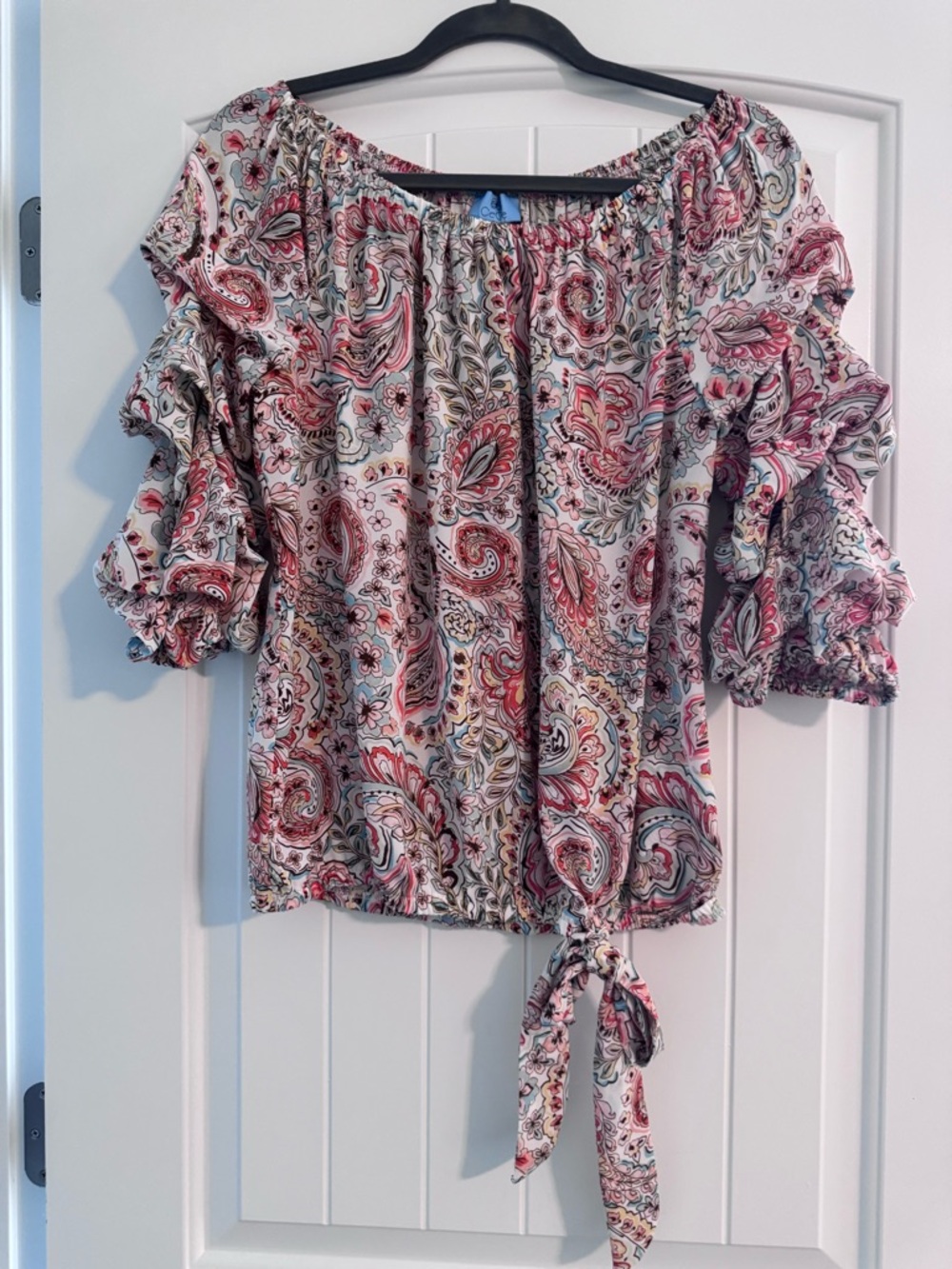 CeCe Peach Multi Paisley Off-Shoulder Tie-Front Blouse